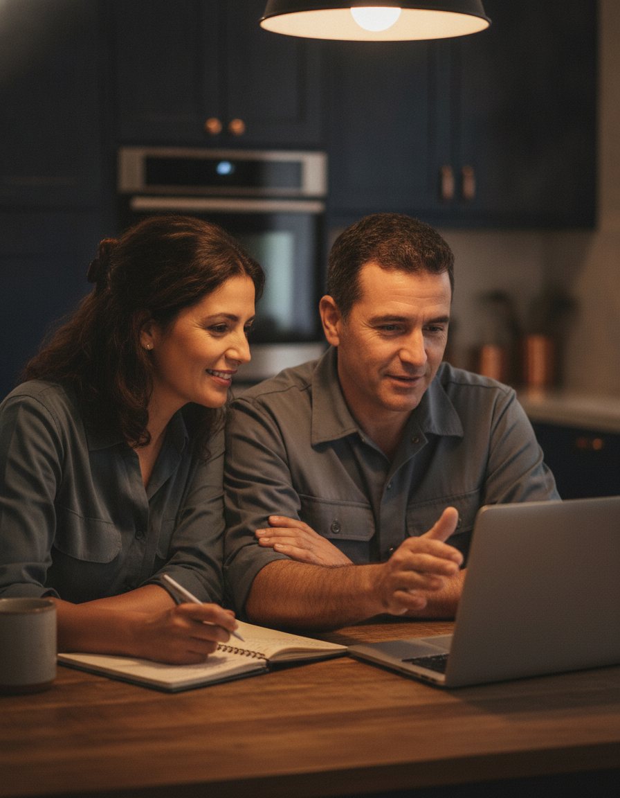 Two business owners reviewing results together on a laptop