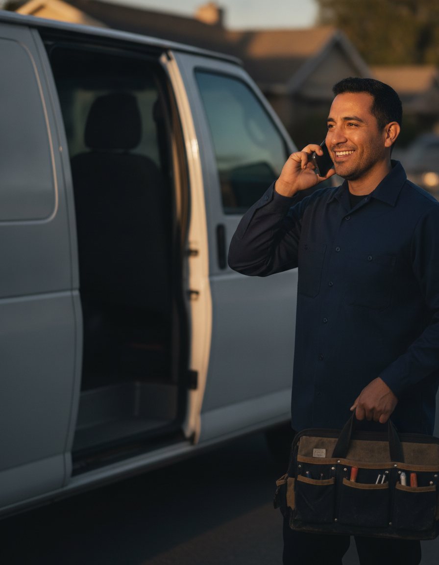 Service technician beside his van, answering a call
