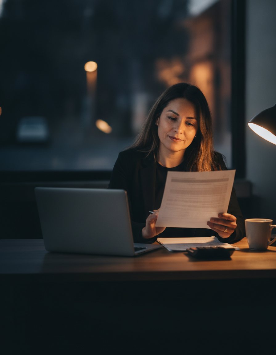 Business owner at her desk reading a one-page report
